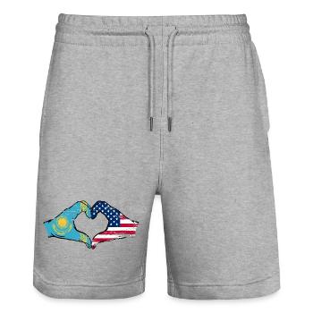 Kazakhstan États-Unis drapeau mains forme de coeur utilisé - Short de jogging bio TRAINER Stanley/Stella unisexe - gris chiné - Devant - Nik (191cm) & Marisol (170cm)