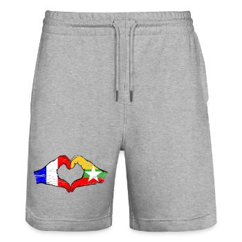 France Myanmar drapeau mains forme coeur utilisé - Short de jogging bio TRAINER Stanley/Stella unisexe - gris chiné - Devant - Nik (191cm) & Marisol (170cm)