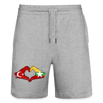 Turkey Myanmar flag hands heart shape used - Stanley/Stella Trainer Unisex Organic Jogging Shorts - heather grey - Front - Nik (191cm) & Marisol (170cm)