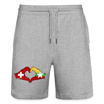 Switzerland Myanmar flag hands heart shape used - Stanley/Stella Trainer Unisex Organic Jogging Shorts - heather grey - Front - Nik (191cm) & Marisol (170cm)