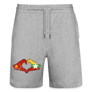 China Myanmar flag hands heart shape used - Stanley/Stella Trainer Unisex Organic Jogging Shorts - heather grey - Front - Nik (191cm) & Marisol (170cm)