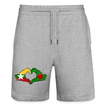 Myanmar Bangladesh flag hands heart shape used - Stanley/Stella Trainer Unisex Organic Jogging Shorts - heather grey - Front - Nik (191cm) & Marisol (170cm)