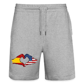 Spain USA Flag Hands Heart Used - Stanley/Stella Trainer Unisex Organic Jogging Shorts - heather grey - Front - Nik (191cm) & Marisol (170cm)