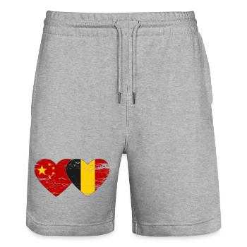 China Belgium flag heart used - Stanley/Stella Trainer Unisex Organic Jogging Shorts - heather grey - Front - Nik (191cm) & Marisol (170cm)