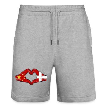 China Dänemark Flagge Hände Herzform used - Stanley/Stella Unisex Bio Joggingshorts Trainer  - Grau meliert - Vorne - Nik (191cm) & Marisol (170cm)