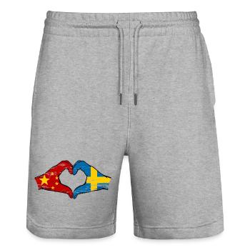 China Sweden flag hands heart shape used - Stanley/Stella Trainer Unisex Organic Jogging Shorts - heather grey - Front - Nik (191cm) & Marisol (170cm)