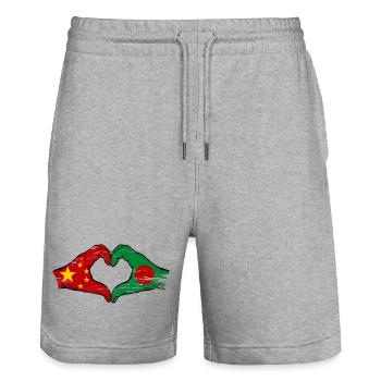 China Bangladesh flag hands heart shape used - Stanley/Stella Trainer Unisex Organic Jogging Shorts - heather grey - Front - Nik (191cm) & Marisol (170cm)