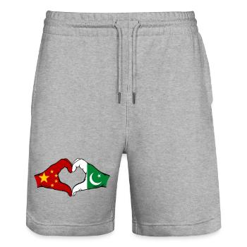 China Pakistan Flag Hands Heart Shape - Stanley/Stella Trainer Unisex Organic Jogging Shorts - heather grey - Front - Nik (191cm) & Marisol (170cm)