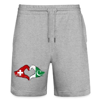 Suisse Pakistan drapeau mains coeur forme utilisé - Short de jogging bio TRAINER Stanley/Stella unisexe - gris chiné - Devant - Nik (191cm) & Marisol (170cm)