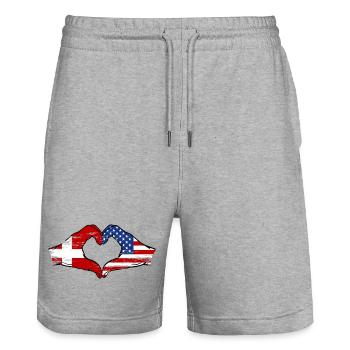 Daenemark USA Flagge Haende Herzform used - Stanley/Stella Unisex Bio Joggingshorts Trainer  - Grau meliert - Vorne - Nik (191cm) & Marisol (170cm)