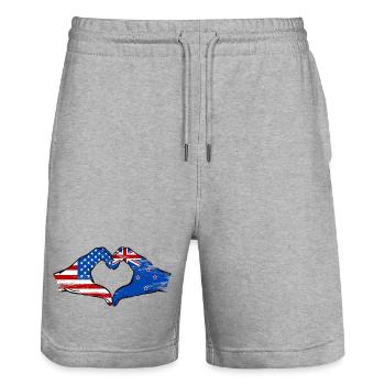 USA Neuseeland Flagge Haende Herzform used - Stanley/Stella Unisex Bio Joggingshorts Trainer  - Grau meliert - Vorne - Nik (191cm) & Marisol (170cm)
