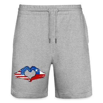 USA Chile Flag Hand Heart Shape Used - Stanley/Stella Trainer Unisex Organic Jogging Shorts - heather grey - Front - Nik (191cm) & Marisol (170cm)