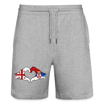 Géorgie Serbie drapeau mains forme de coeur utilisé - Short de jogging bio TRAINER Stanley/Stella unisexe - gris chiné - Devant - Nik (191cm) & Marisol (170cm)