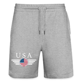 USA Freiheitsgeist T-Shirt - Stanley/Stella Unisex Bio Joggingshorts Trainer  - Grau meliert - Vorne - Nik (191cm) & Marisol (170cm)