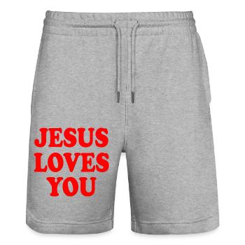 Jesus loves you - Short de jogging bio TRAINER Stanley/Stella unisexe - gris chiné - Devant - Nik (191cm) & Marisol (170cm)