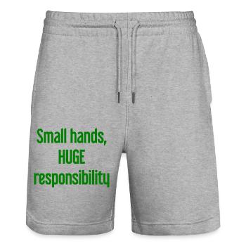 Small Hands, Huge Responsibility Parent Saying - Stanley/Stella Trainer Unisex Organic Jogging Shorts - heather grey - Front - Nik (191cm) & Marisol (170cm)