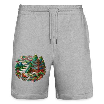 Farbenfrohes traditionelles chinesisches Haus - Stanley/Stella Unisex Bio Joggingshorts Trainer  - Grau meliert - Vorne - Nik (191cm) & Marisol (170cm)