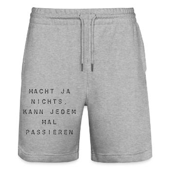 T-Shirt"macht ja nichts, kann jedem mal passieren" - Stanley/Stella Unisex Bio Joggingshorts Trainer  - Grau meliert - Vorne - Nik (191cm) & Marisol (170cm)