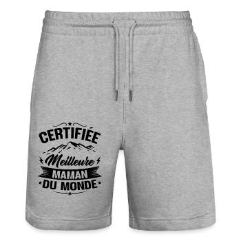 Certifiée meilleure maman du monde - Humour cadeau - Short de jogging bio TRAINER Stanley/Stella unisexe - gris chiné - Devant - Nik (191cm) & Marisol (170cm)
