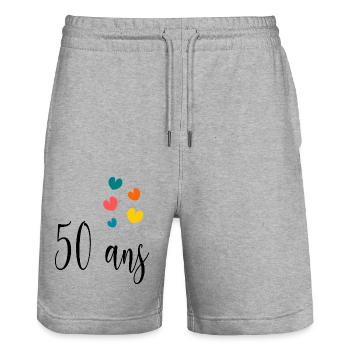 50 ANS. 50e ANNIVERSAIRE. ANNIVERSAIRE 50 ANS. 50 - Short de jogging bio TRAINER Stanley/Stella unisexe - gris chiné - Devant - Nik (191cm) & Marisol (170cm)