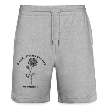 Cadeau Anniversaire - Fleur de Naissance Novembre - Short de jogging bio TRAINER Stanley/Stella unisexe - gris chiné - Devant - Nik (191cm) & Marisol (170cm)