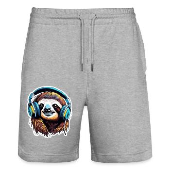 Casque / Audio / Musique / Animal / Paresseux / Cool - Short de jogging bio TRAINER Stanley/Stella unisexe - gris chiné - Devant - Nik (191cm) & Marisol (170cm)
