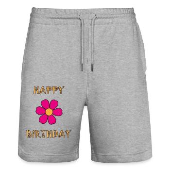 HAPPY BIRTHDAY. JOYEUX ANNIVERSAIRE. ANNIVERSAIRE. - Short de jogging bio TRAINER Stanley/Stella unisexe - gris chiné - Devant - Nik (191cm) & Marisol (170cm)