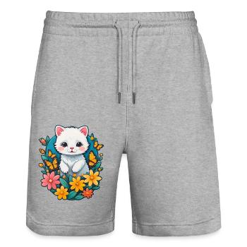 White kitten with flowers - Stanley/Stella Trainer Unisex Organic Jogging Shorts - heather grey - Front - Nik (191cm) & Marisol (170cm)