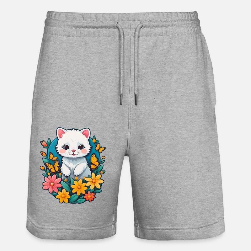 Chaton blanc à fleurs - Short de jogging bio TRAINER Stanley/Stella unisexe - gris chiné
