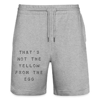 T-Shirt "that’s not the yellow from the egg" - Stanley/Stella Unisex Bio Joggingshorts Trainer  - Grau meliert - Vorne - Nik (191cm) & Marisol (170cm)