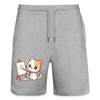 Kawaii Painter Cat on Pastel Palette - Stanley/Stella Trainer Unisex Organic Jogging Shorts - heather grey - Front - Nik (191cm) & Marisol (170cm)