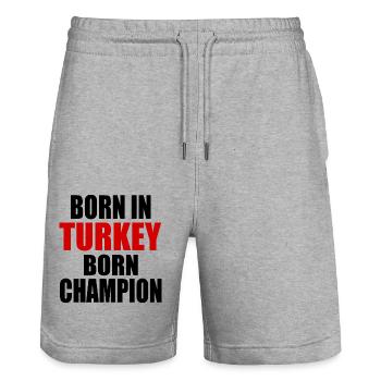 born in turkey born champion - Turquie - Short de jogging bio TRAINER Stanley/Stella unisexe - gris chiné - Devant - Nik (191cm) & Marisol (170cm)