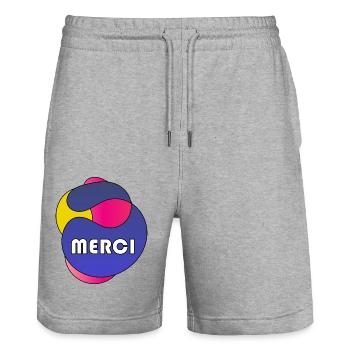 MERCI. THANKS. THANK YOU. ANNIVERSAIRE. NAISSANCE. - Short de jogging bio TRAINER Stanley/Stella unisexe - gris chiné - Devant - Nik (191cm) & Marisol (170cm)