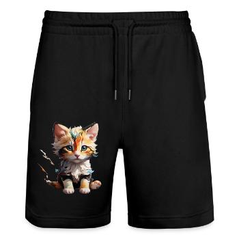 Cat small - Stanley/Stella Trainer Unisex Organic Jogging Shorts - black - Front - Nik (191cm) & Marisol (170cm)