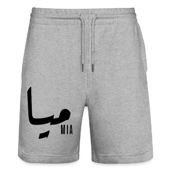 Mia prénom en arabe - Short de jogging bio TRAINER Stanley/Stella unisexe - gris chiné - Devant - Nik (191cm) & Marisol (170cm)