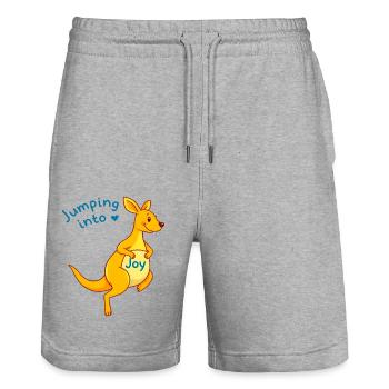 Jumping Joy : Kangourou jaune avec signe bleu - Short de jogging bio TRAINER Stanley/Stella unisexe - gris chiné - Devant - Nik (191cm) & Marisol (170cm)