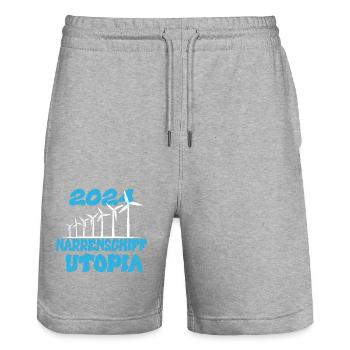 Ship of Fools Utopia, year 2024 - Stanley/Stella Trainer Unisex Organic Jogging Shorts - heather grey - Front - Nik (191cm) & Marisol (170cm)