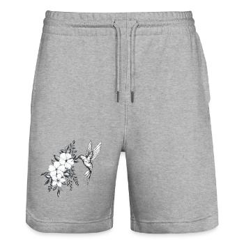 fleurs de cerisier et hibiscus, petit oiseau colib - Short de jogging bio TRAINER Stanley/Stella unisexe - gris chiné - Devant - Nik (191cm) & Marisol (170cm)