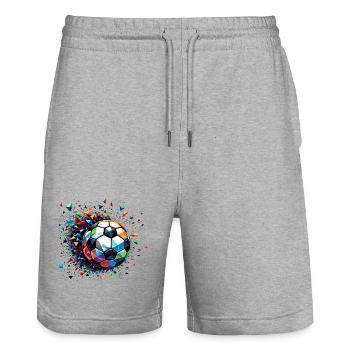 Colourful dynamic football motif with light reflections - Stanley/Stella Trainer Unisex Organic Jogging Shorts - heather grey - Front - Nik (191cm) & Marisol (170cm)