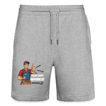 Werkstattheld Spruchdesign, That shit works! - Stanley/Stella Unisex Bio Joggingshorts Trainer  - Grau meliert - Vorne - Nik (191cm) & Marisol (170cm)