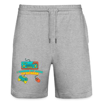 I Paused My Game to Be Here – Funny Gamer Design - Stanley/Stella Trainer Unisex Organic Jogging Shorts - heather grey - Front - Nik (191cm) & Marisol (170cm)