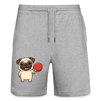 Carlin mignon jouant au tennis de table chien de dessin animé - Short de jogging bio TRAINER Stanley/Stella unisexe - gris chiné - Devant - Nik (191cm) & Marisol (170cm)
