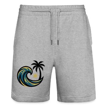 Welle Palme Surfen Strandurlaub Beachclub - Stanley/Stella Unisex Bio Joggingshorts Trainer  - Grau meliert - Vorne - Nik (191cm) & Marisol (170cm)