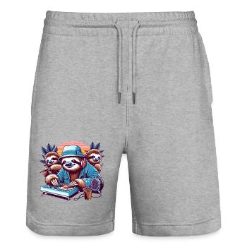 Faultier DJ Lustige Tiere Retro - Stanley/Stella Unisex Bio Joggingshorts Trainer  - Grau meliert - Vorne - Nik (191cm) & Marisol (170cm)