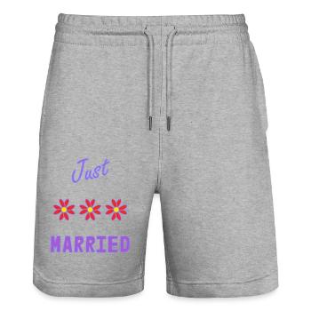 ICH HABE GERADE GEHEIRATET. Junggesellinnenabschied. HEILIGER VALENTINSTAG. PAAR. HERZ - Stanley/Stella Unisex Bio Joggingshorts Trainer  - Grau meliert - Vorne - Nik (191cm) & Marisol (170cm)