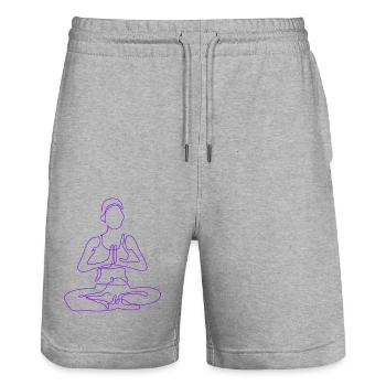 1 Yoga Padmasana ou Fleur de Lotus | 7ème Flamme Violette - Short de jogging bio TRAINER Stanley/Stella unisexe - gris chiné - Devant - Nik (191cm) & Marisol (170cm)