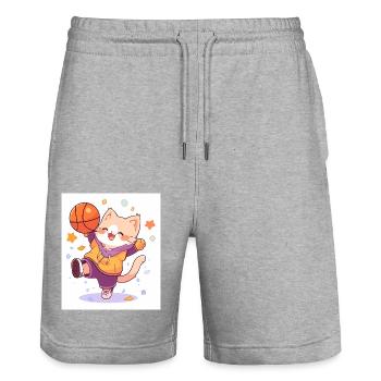 Cat with basketball - Stanley/Stella Trainer Unisex Organic Jogging Shorts - heather grey - Front - Nik (191cm) & Marisol (170cm)