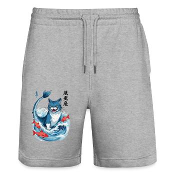Catfish Japan Cat Aesthetic Anime Streetwear - Stanley/Stella Trainer Unisex Organic Jogging Shorts - heather grey - Front - Nik (191cm) & Marisol (170cm)