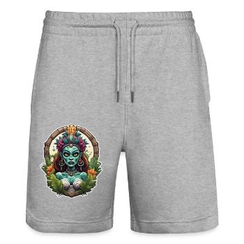 Tiki / Hawaii / Tropisch /Insel / Kultur / Logo - Stanley/Stella Unisex Bio Joggingshorts Trainer  - Grau meliert - Vorne - Nik (191cm) & Marisol (170cm)