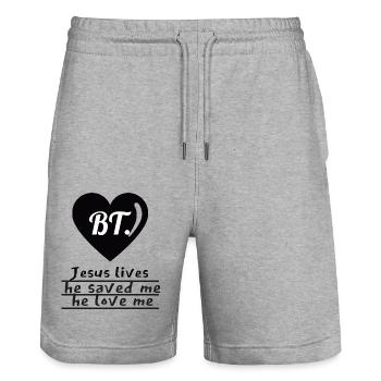 BT. - Jesus lives 2 - Stanley/Stella Unisex Bio Joggingshorts Trainer  - Grau meliert - Vorne - Nik (191cm) & Marisol (170cm)